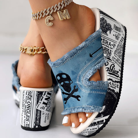 Newspaper Skull Original Hem Platform Wedge Slides - Anklet Not Included