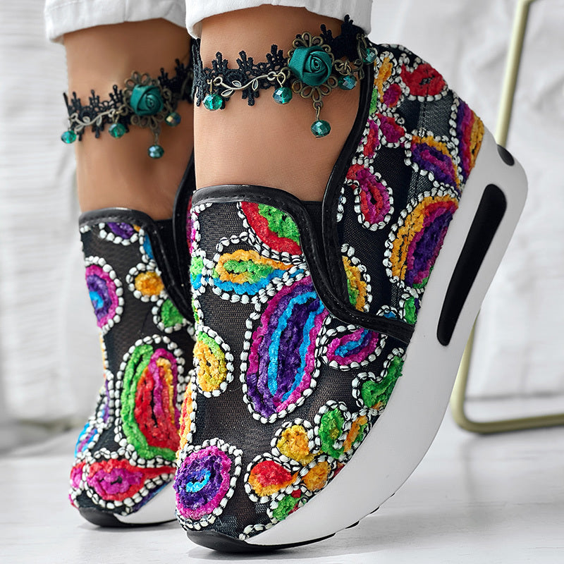 Women's Random Print Side Lace-Up Elastic Sport Shoes, Comfortable Slip-On Sneakers For Women, Casual Daily Wear Footwear