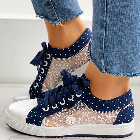 Floral Embroidered Polka Dot Print Sneakers