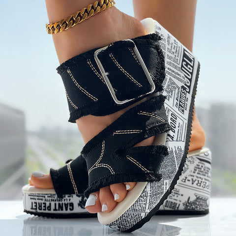 Newspaper Hem Platform Wedge Slides - Anklet Not Included