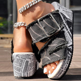 Newspaper Hem Platform Wedge Slides - Anklet Not Included