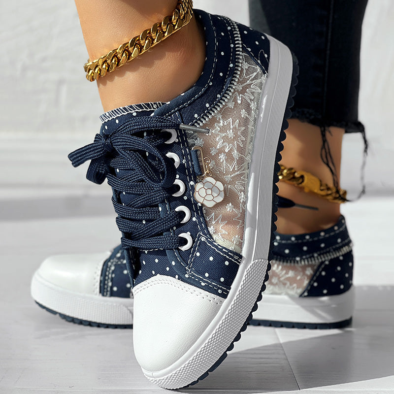 Floral Embroidered Polka Dot Print Sneakers