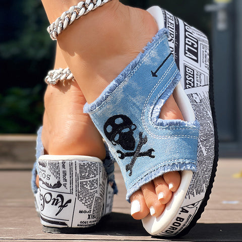 Newspaper Skull Original Hem Platform Wedge Slides - Anklet Not Included