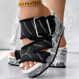Newspaper Hem Platform Wedge Slides - Anklet Not Included