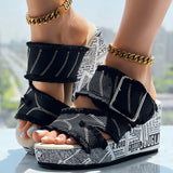 Newspaper Hem Platform Wedge Slides - Anklet Not Included