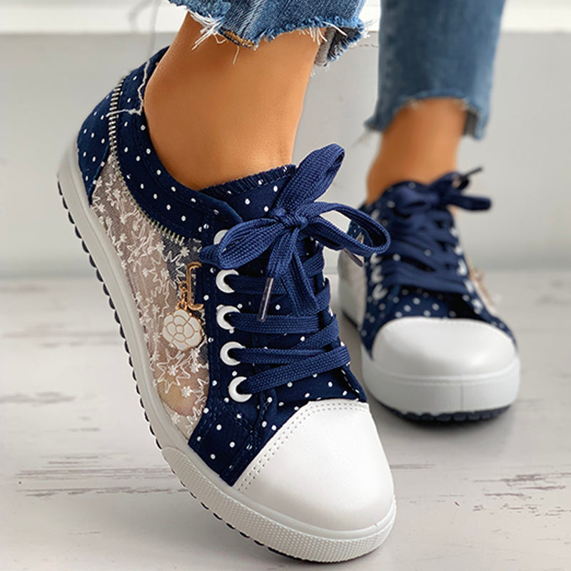 Floral Embroidered Polka Dot Print Sneakers